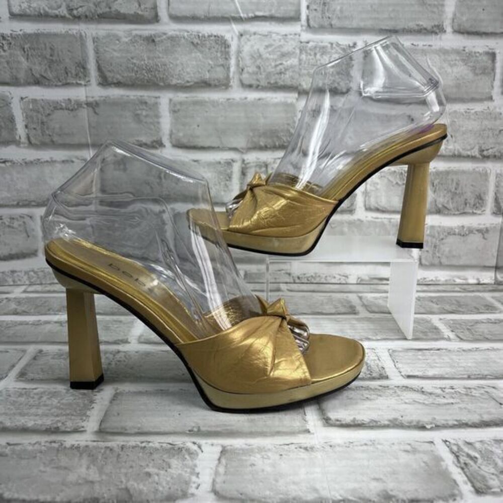 Bebe Women’s Size 8.5 Metallic Gold Leather Knotted Heel Slide Sandals